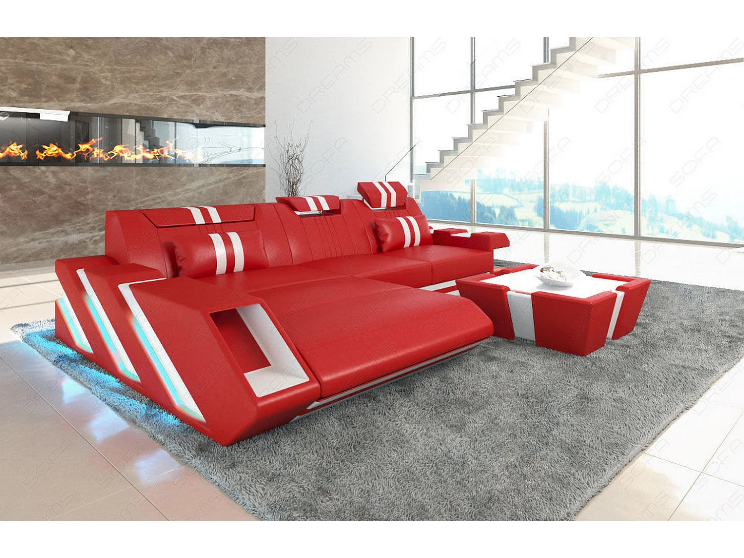 Leder Ecksofa Apollonia L Form Ledermix Echt/Kunstleder Rot Weiß Links