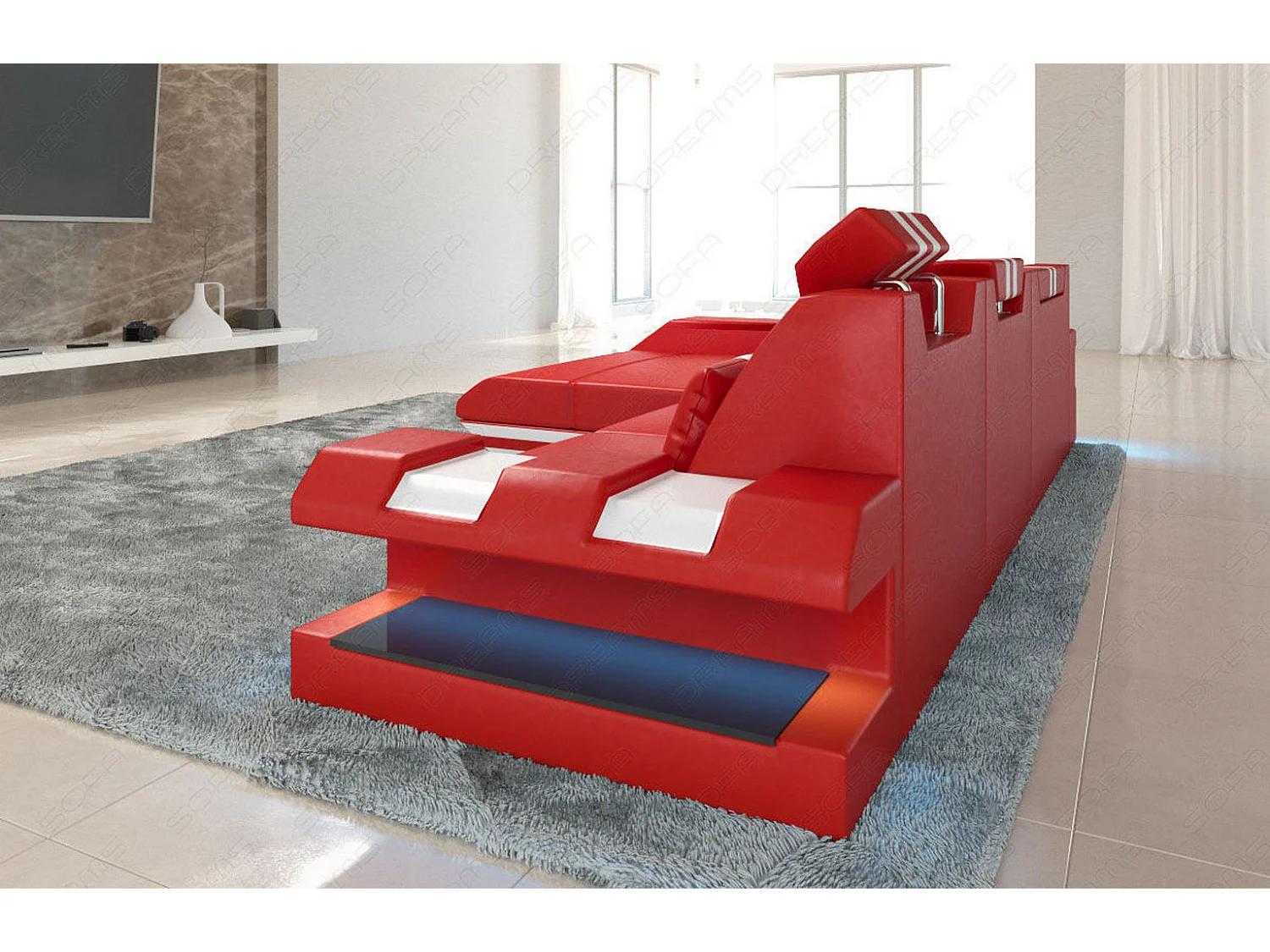 Leder Ecksofa Apollonia L Form Ledermix Echt/Kunstleder Rot Weiß Links