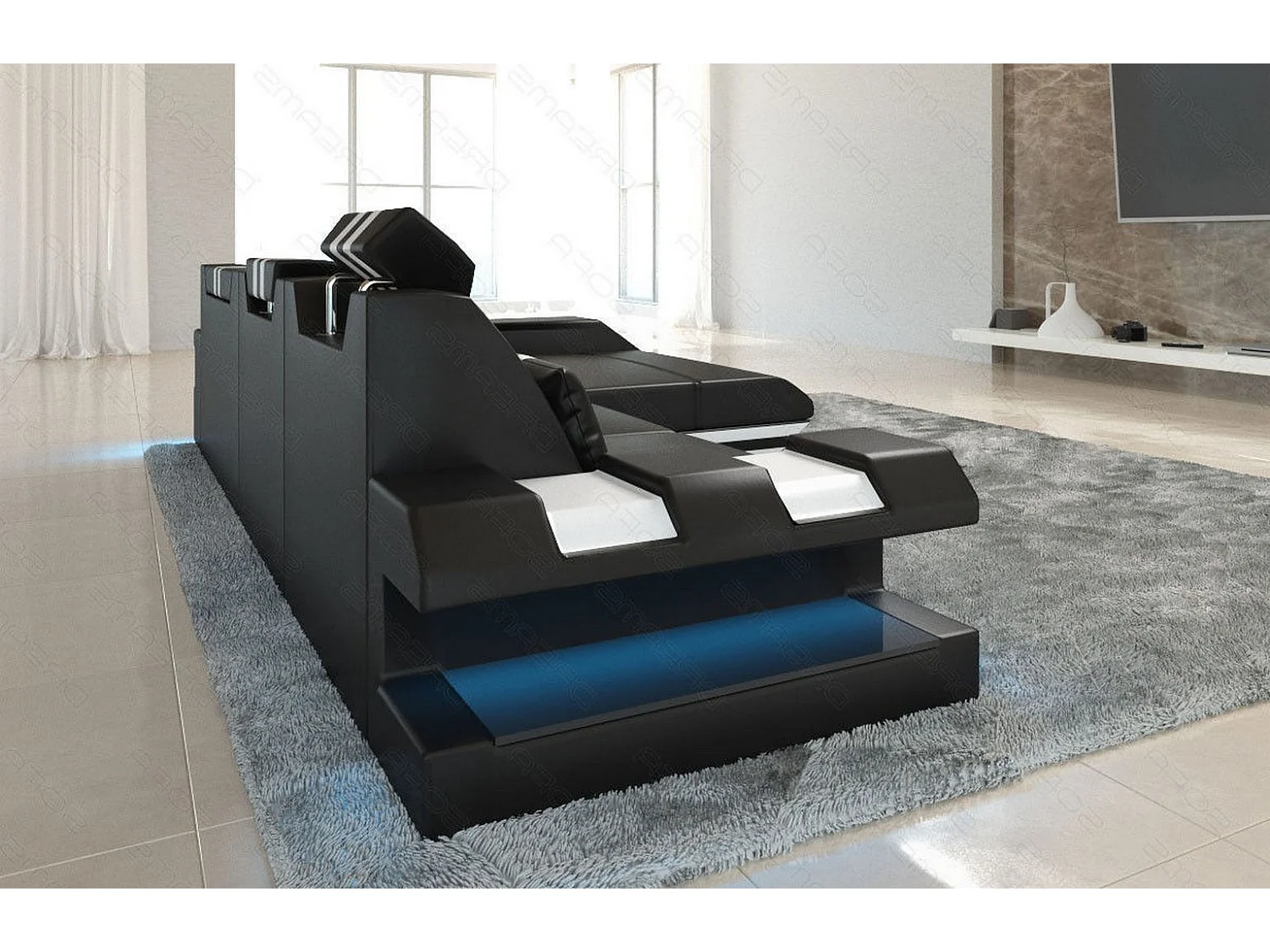 Leder Ecksofa Apollonia L Form Premium Kunstleder Schwarz Weiß Rechts