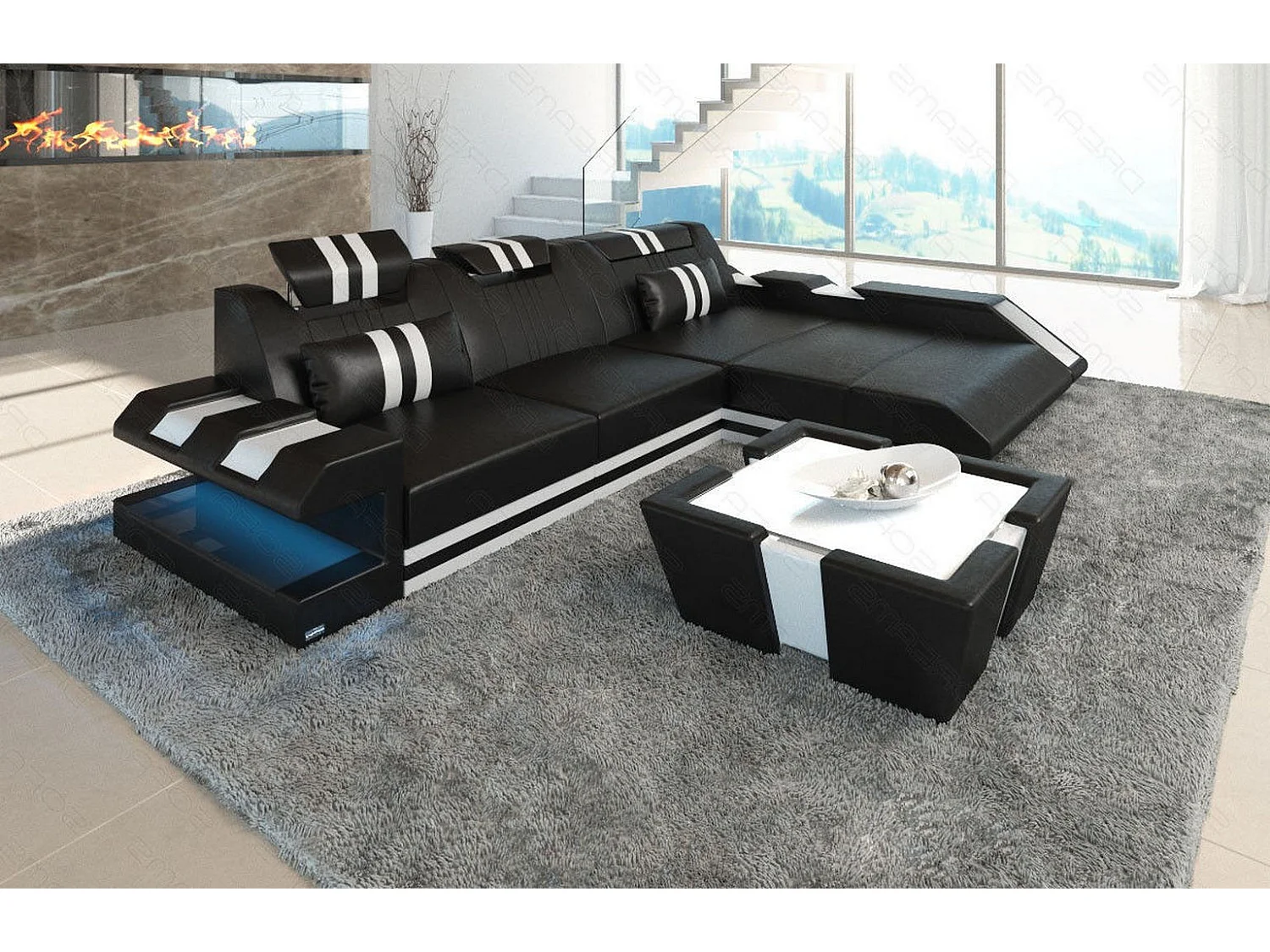 Leder Ecksofa Apollonia L Form Premium Kunstleder Schwarz Weiß Rechts