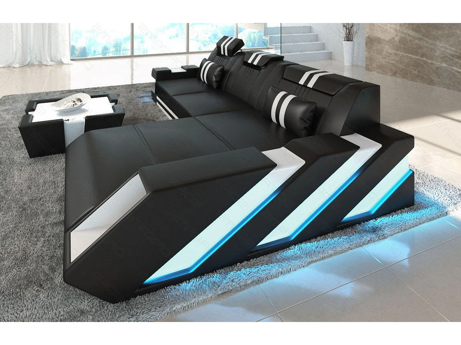 Leder Ecksofa Apollonia L Form Premium Kunstleder Schwarz Weiß Rechts