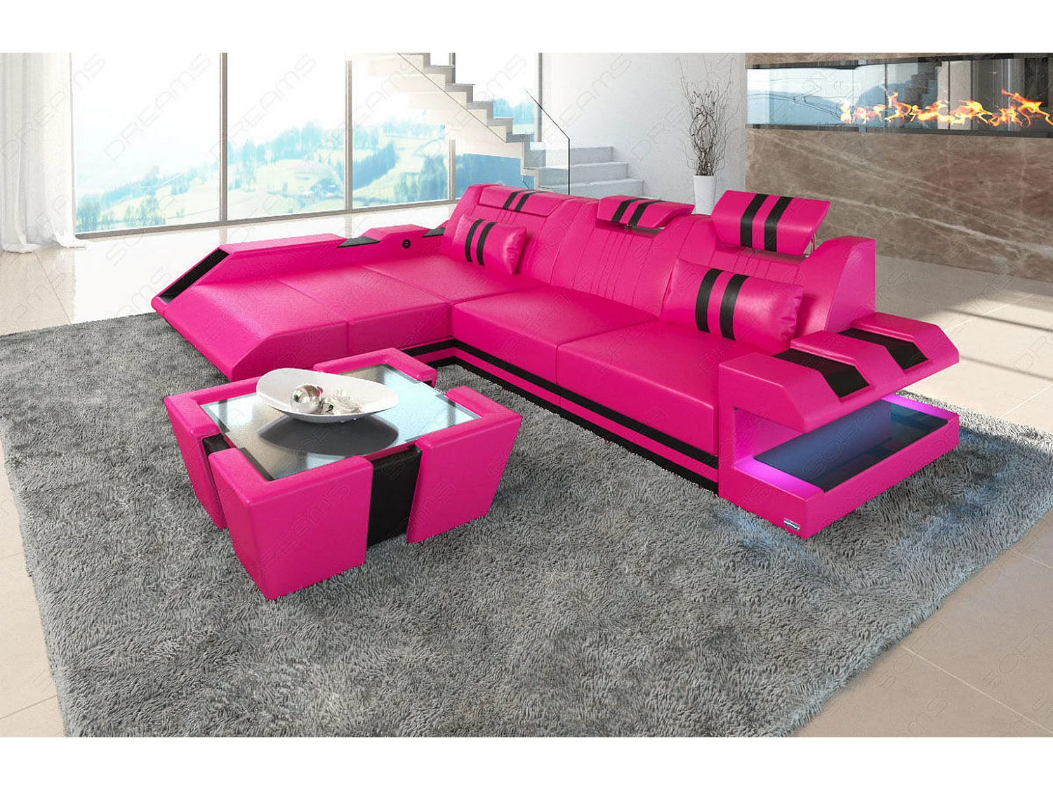 Leder Ecksofa Apollonia L Form Ledermix Echt/Kunstleder Pink Schwarz Links