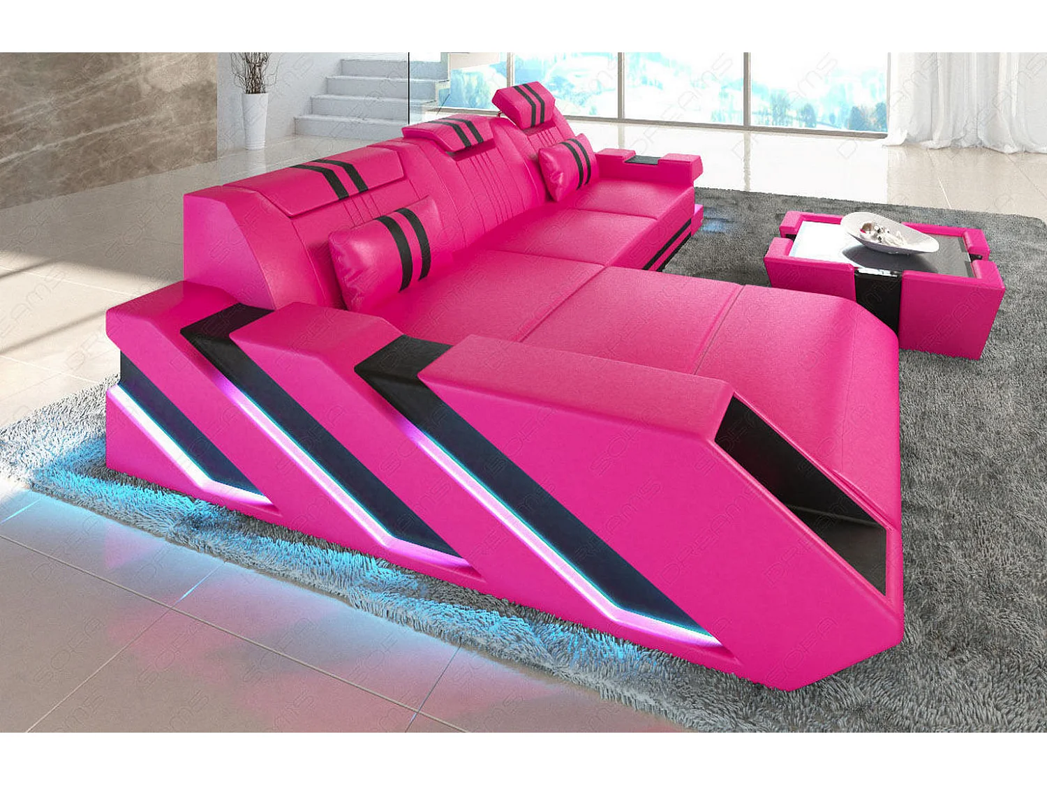 Leder Ecksofa Apollonia L Form Ledermix Echt/Kunstleder Pink Schwarz Links