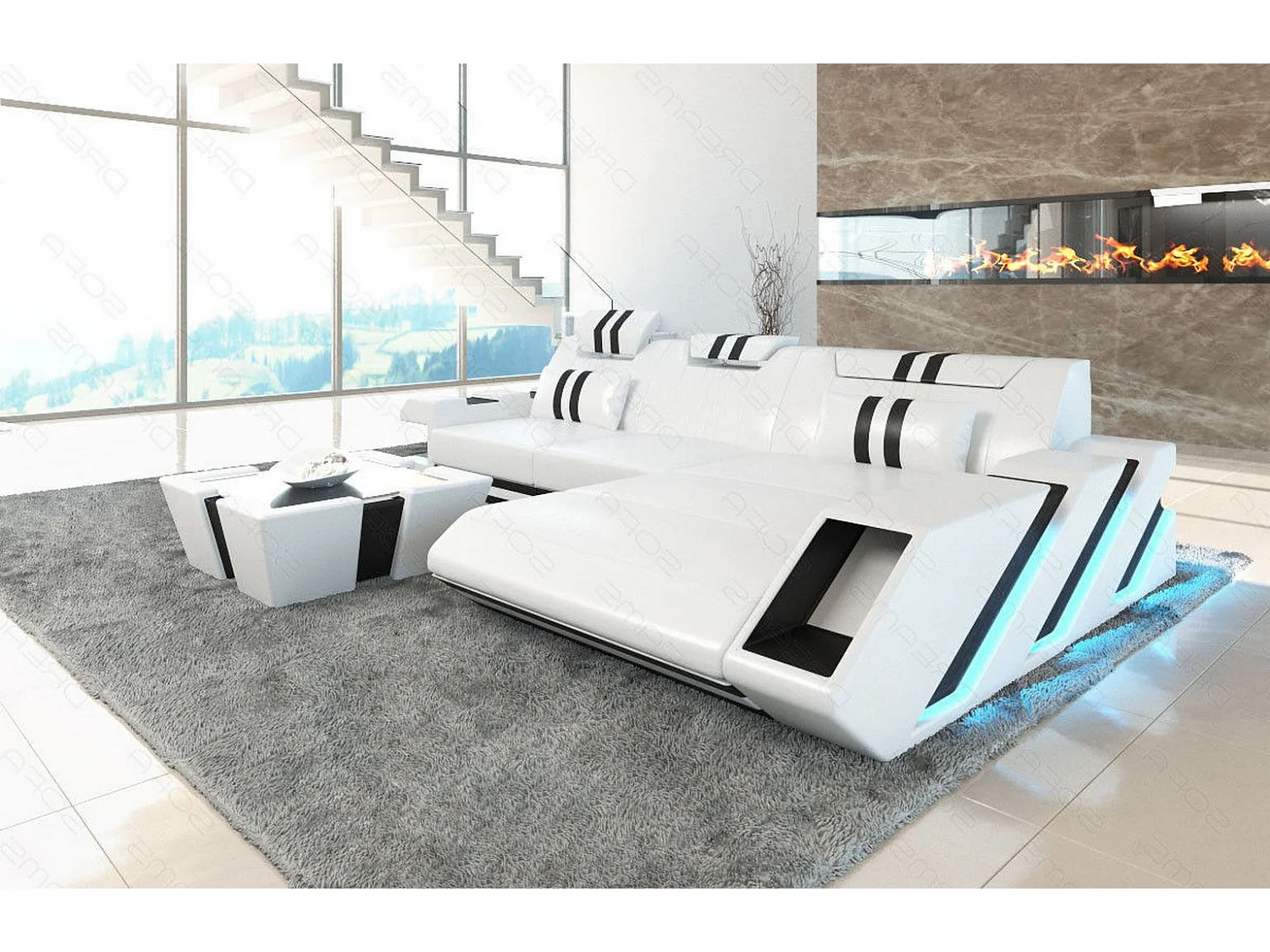 Leder Ecksofa Apollonia L Form Ledermix Echt/Kunstleder Weiß Schwarz Rechts