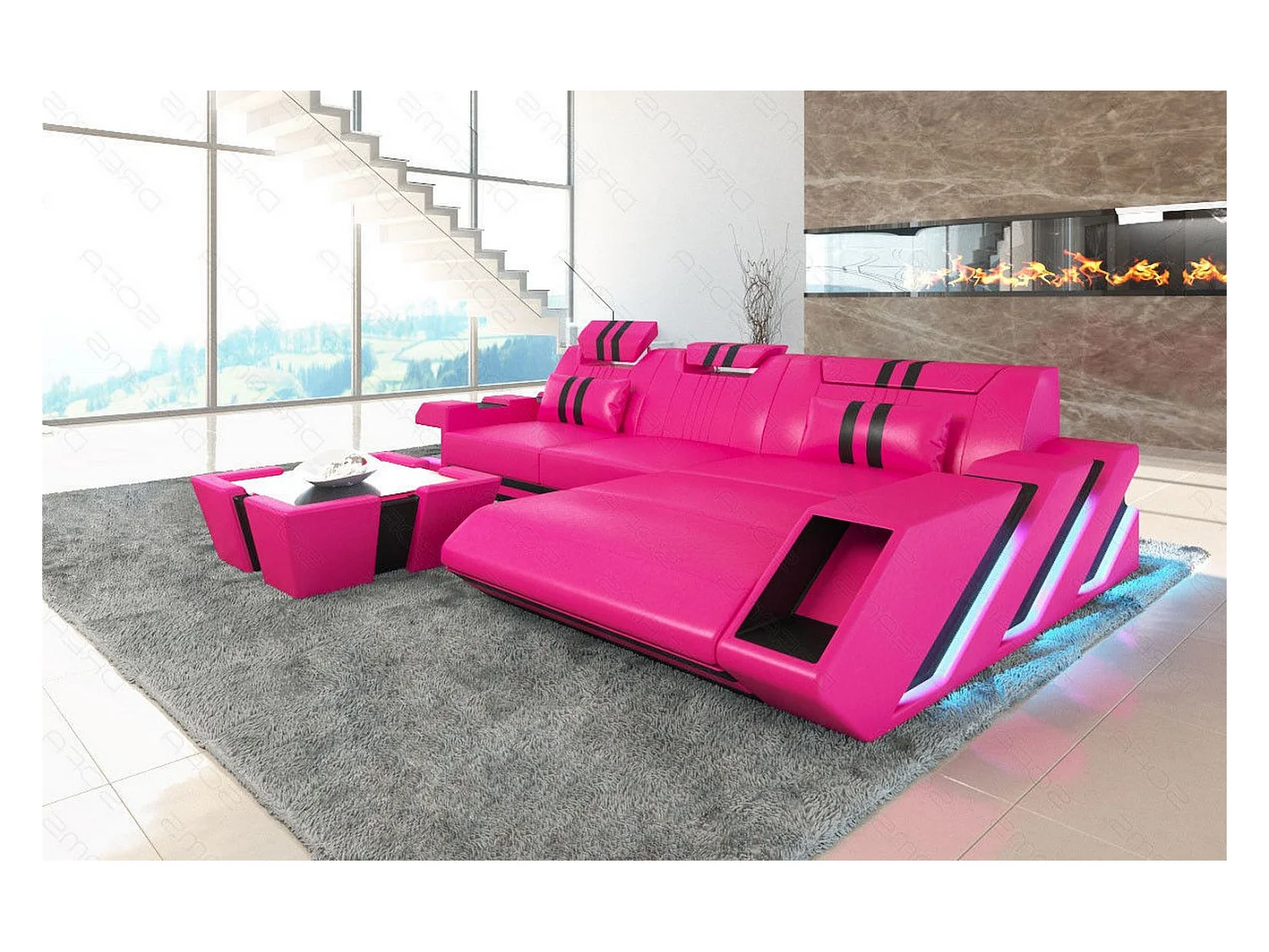 Leder Ecksofa Apollonia L Form Echtleder Pink Schwarz Rechts