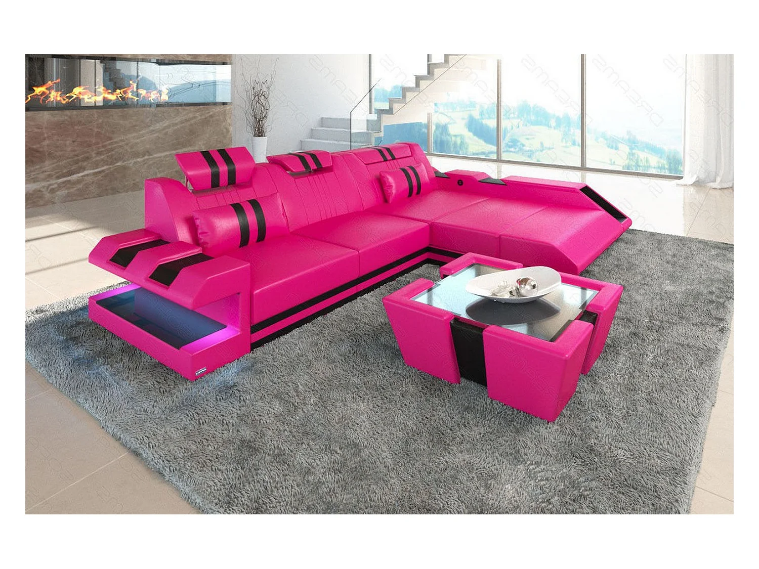 Leder Ecksofa Apollonia L Form Echtleder Pink Schwarz Rechts