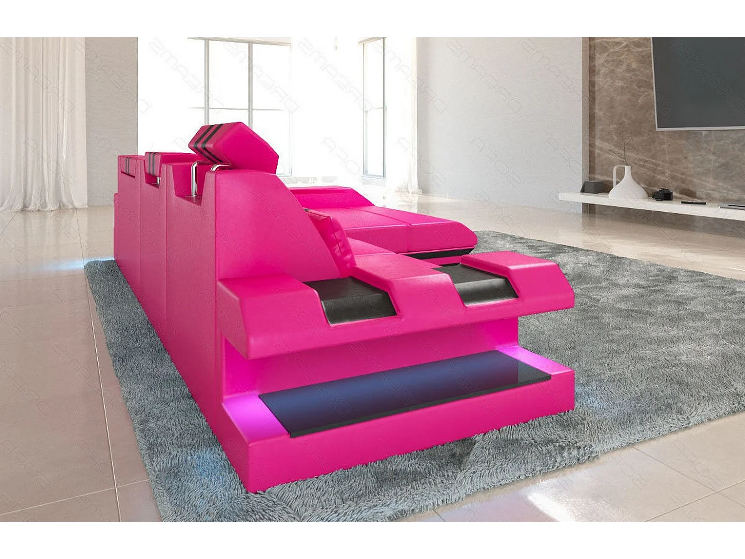 Leder Ecksofa Apollonia L Form Echtleder Pink Schwarz Rechts