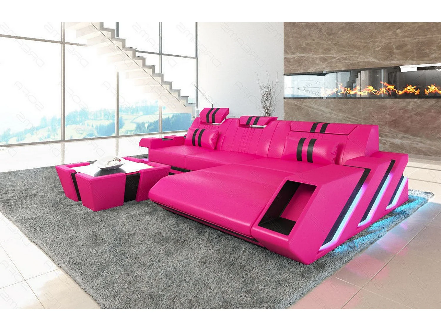 Leder Ecksofa Apollonia L Form Echtleder Pink Schwarz Rechts