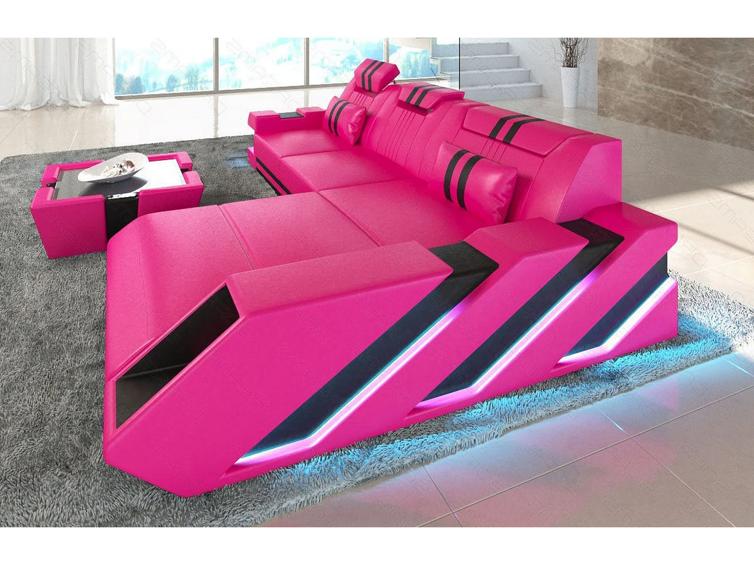 Leder Ecksofa Apollonia L Form Echtleder Pink Schwarz Rechts