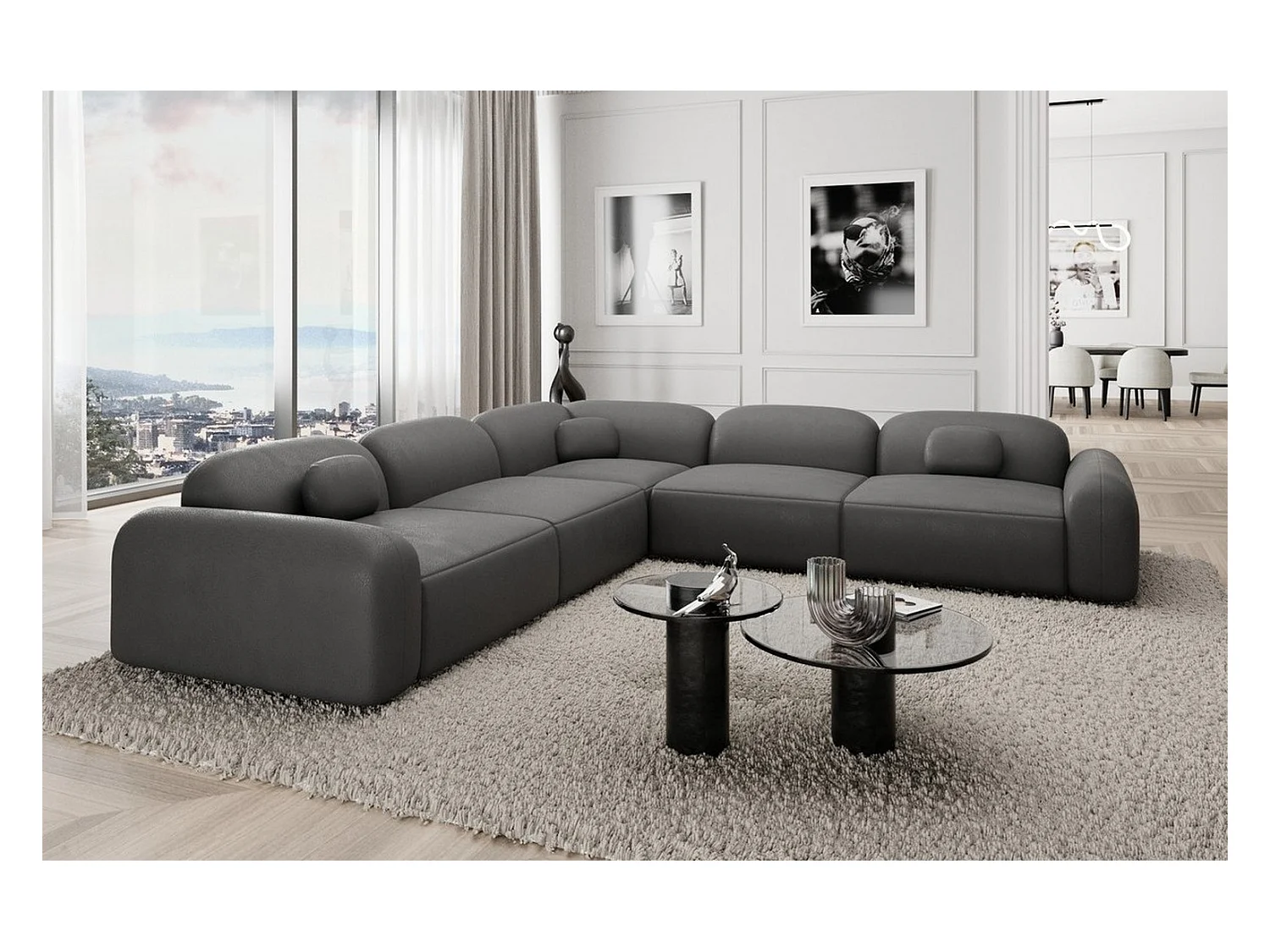 Ecksofa Barcelona mit Zierkissen Kunstleder Dunkelgrau Rechts