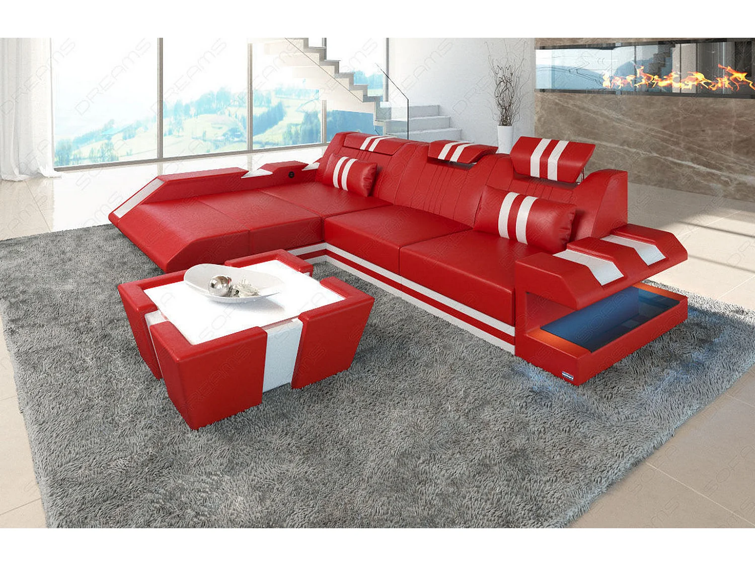 Leder Ecksofa Apollonia L Form Premium Kunstleder Rot Weiß Links