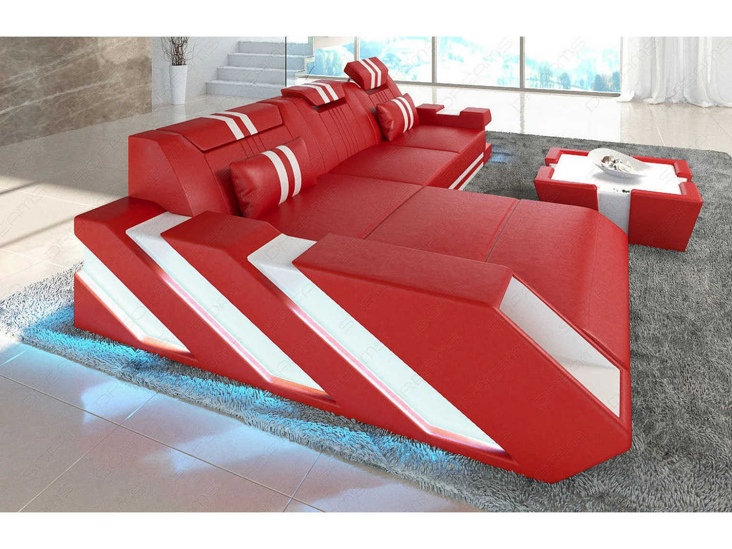 Leder Ecksofa Apollonia L Form Premium Kunstleder Rot Weiß Links