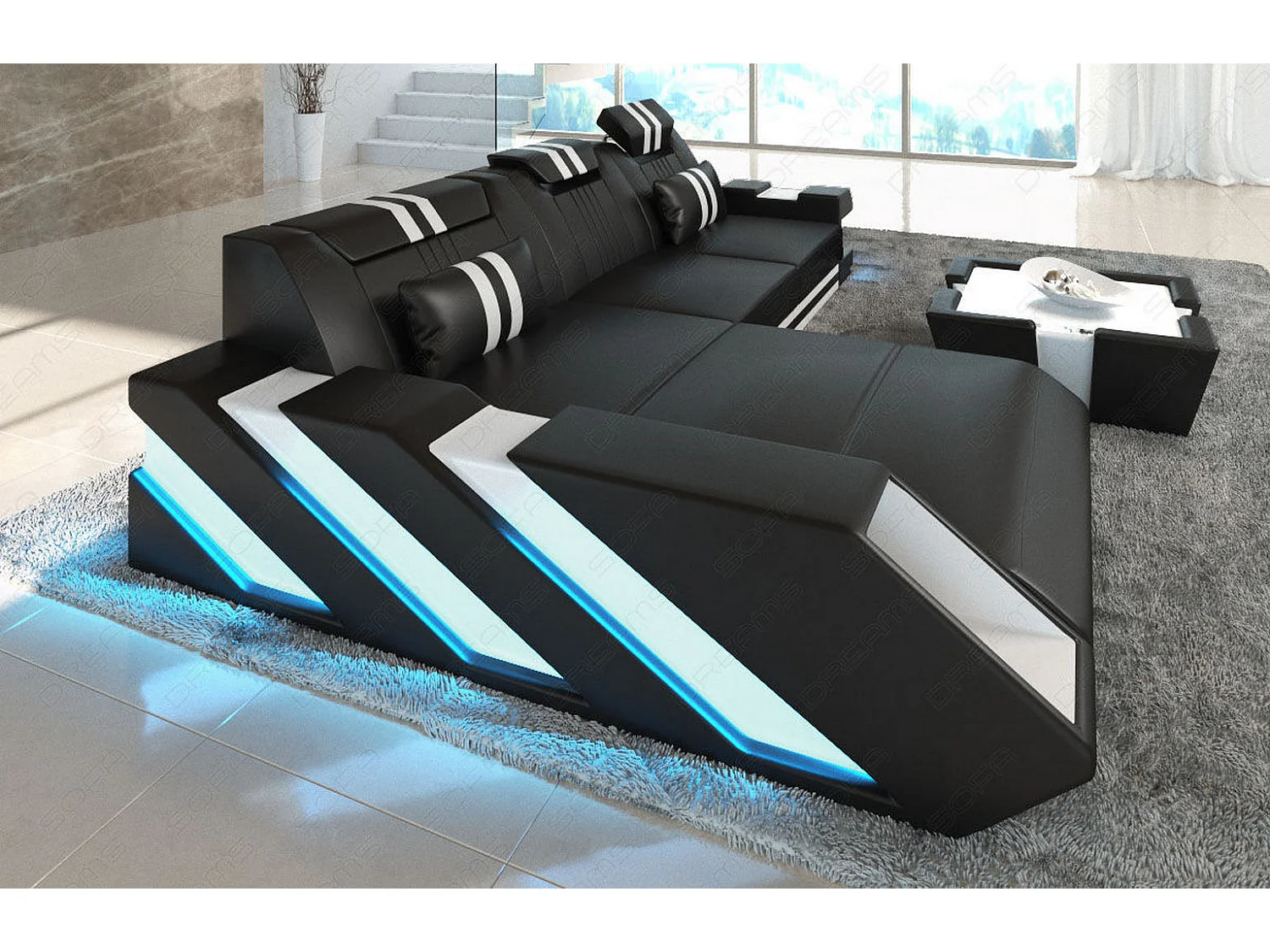 Leder Ecksofa Apollonia L Form Premium Kunstleder Schwarz Weiß Links