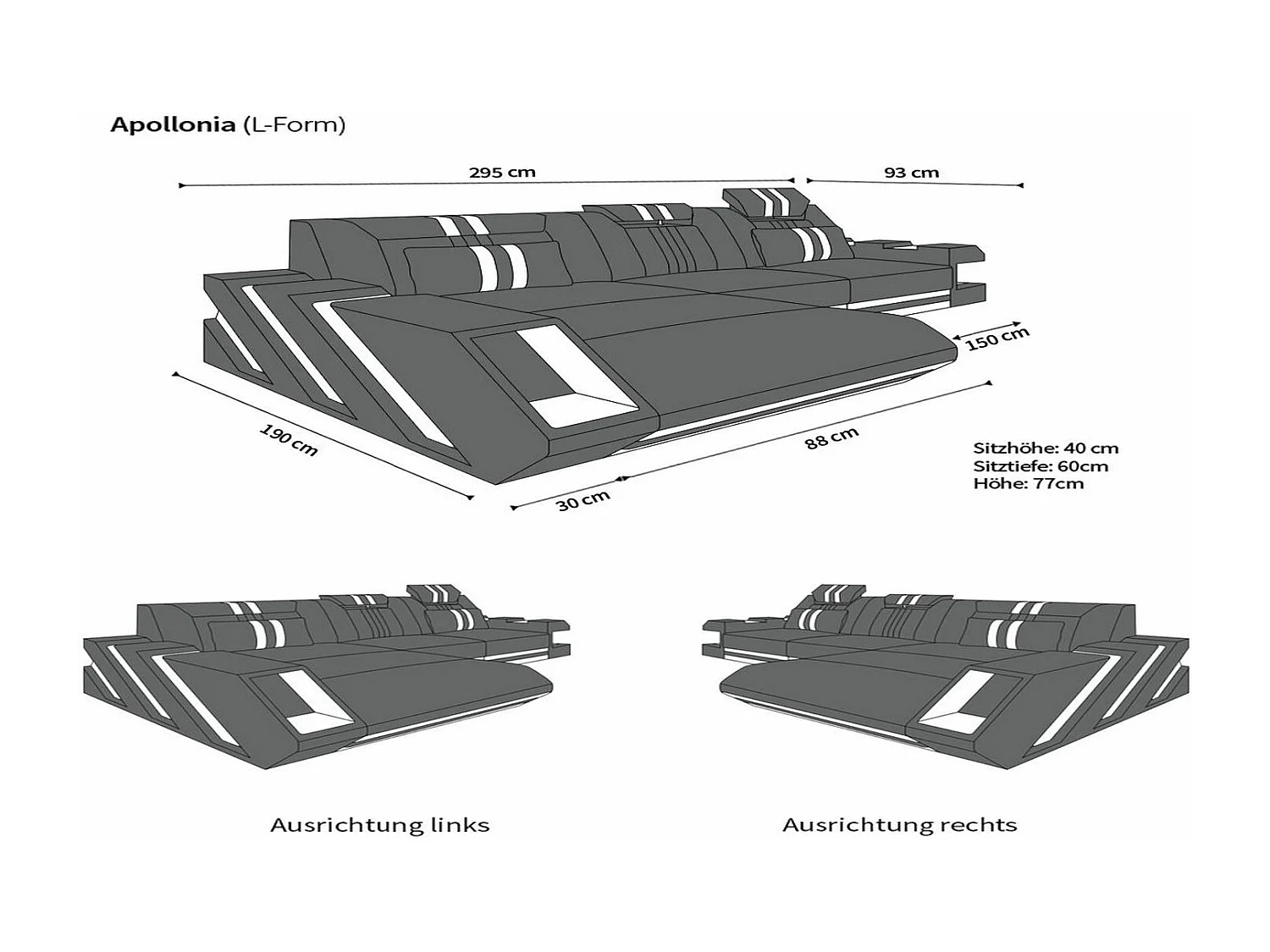 Leder Ecksofa Apollonia L Form Premium Kunstleder Weiß Schwarz Rechts