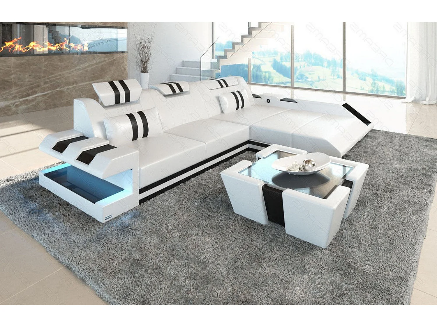 Leder Ecksofa Apollonia L Form Premium Kunstleder Weiß Schwarz Rechts