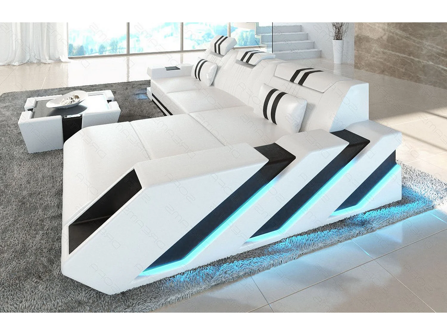 Leder Ecksofa Apollonia L Form Premium Kunstleder Weiß Schwarz Rechts