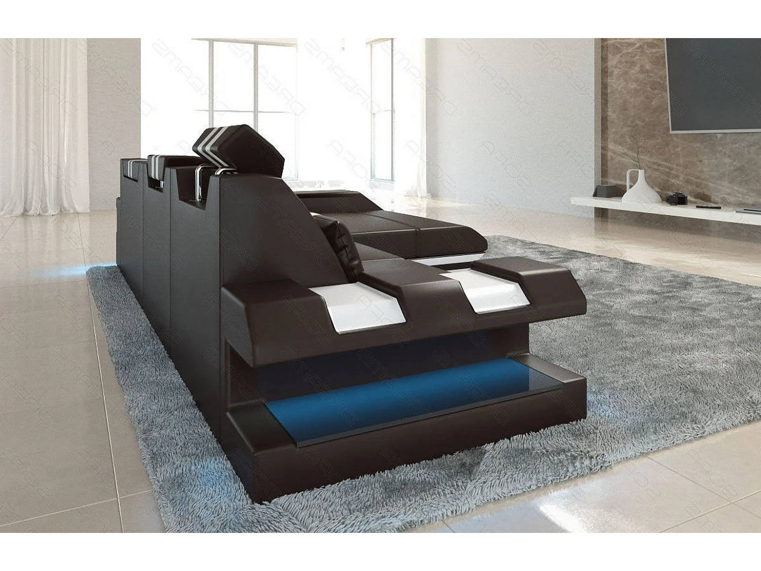 Leder Ecksofa Apollonia L Form Premium Kunstleder Dunkelbraun Weiß Rechts