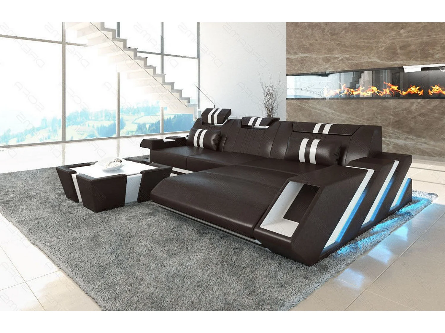 Leder Ecksofa Apollonia L Form Premium Kunstleder Dunkelbraun Weiß Rechts