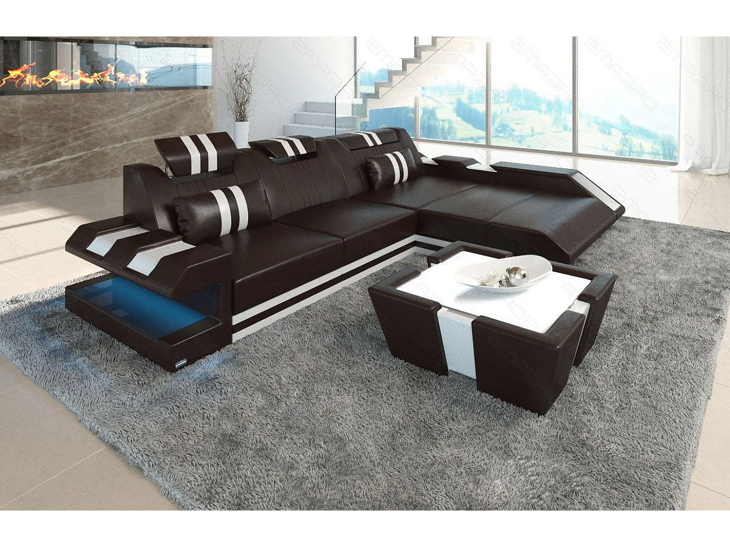 Leder Ecksofa Apollonia L Form Premium Kunstleder Dunkelbraun Weiß Rechts