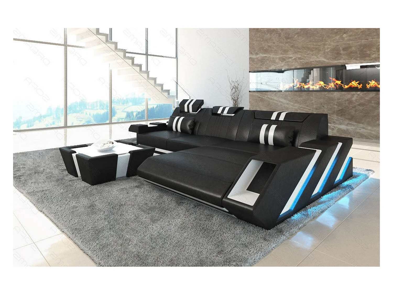 Leder Ecksofa Apollonia L Form Ledermix Echt/Kunstleder Schwarz Weiß Rechts