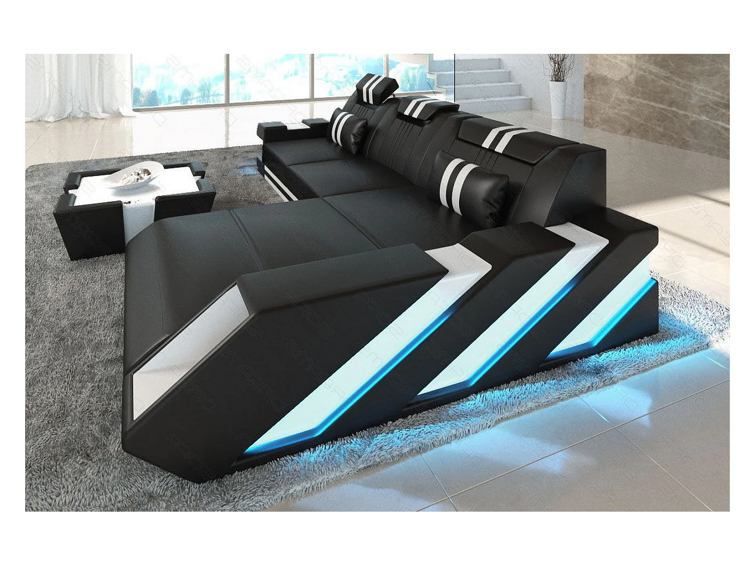 Leder Ecksofa Apollonia L Form Ledermix Echt/Kunstleder Schwarz Weiß Rechts