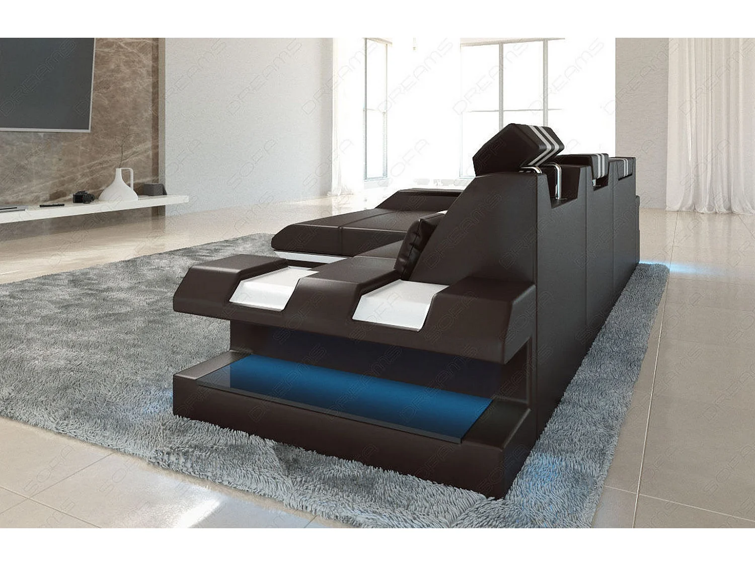 Leder Ecksofa Apollonia L Form Ledermix Echt/Kunstleder Dunkelbraun Weiß Links