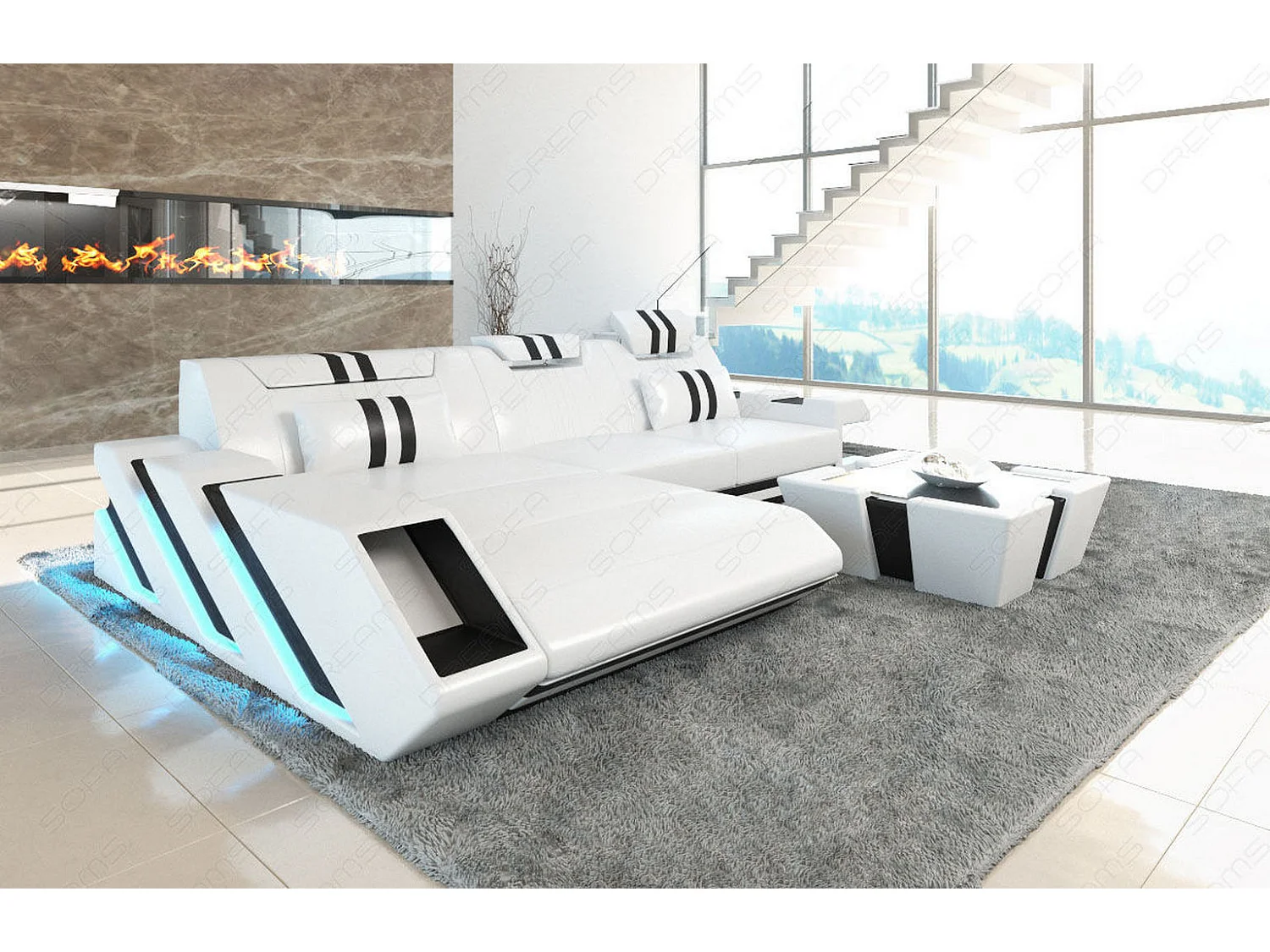 Leder Ecksofa Apollonia L Form Ledermix Echt/Kunstleder Weiß Schwarz Links