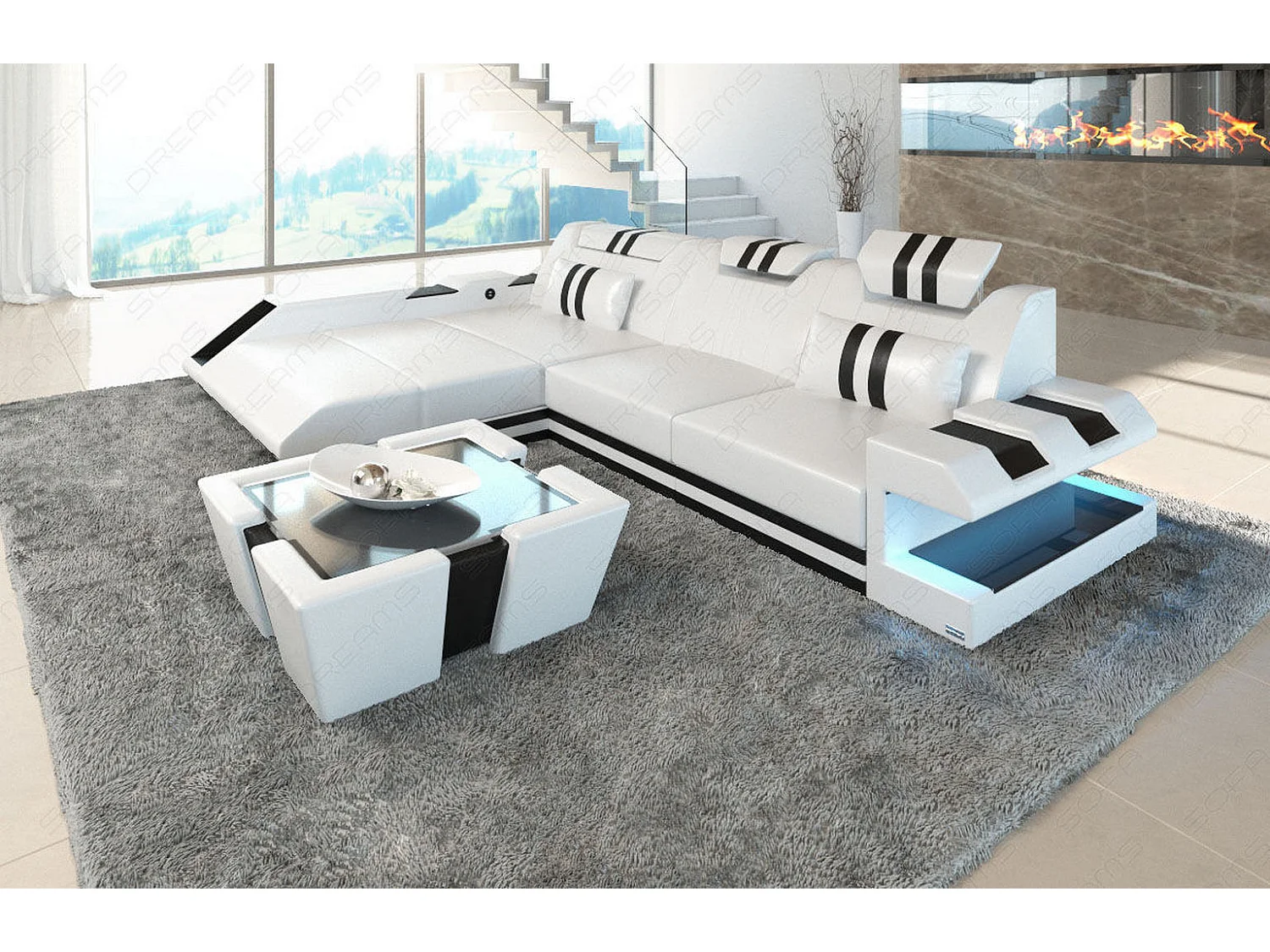 Leder Ecksofa Apollonia L Form Ledermix Echt/Kunstleder Weiß Schwarz Links