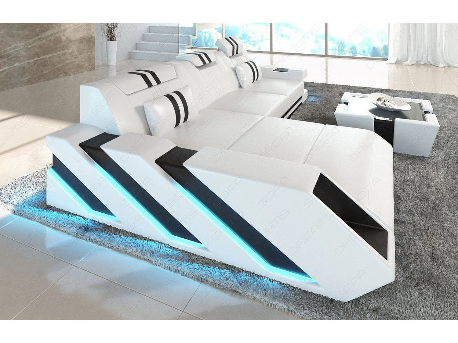 Leder Ecksofa Apollonia L Form Ledermix Echt/Kunstleder Weiß Schwarz Links