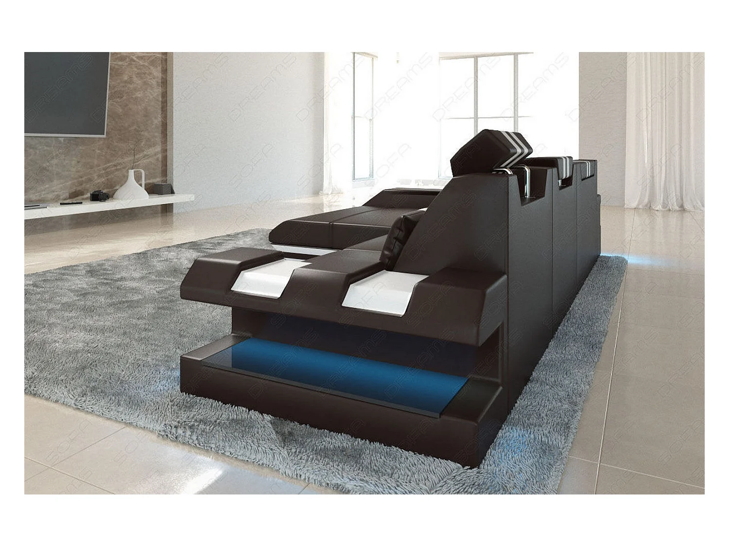 Leder Ecksofa Apollonia L Form Premium Kunstleder Dunkelbraun Weiß Links