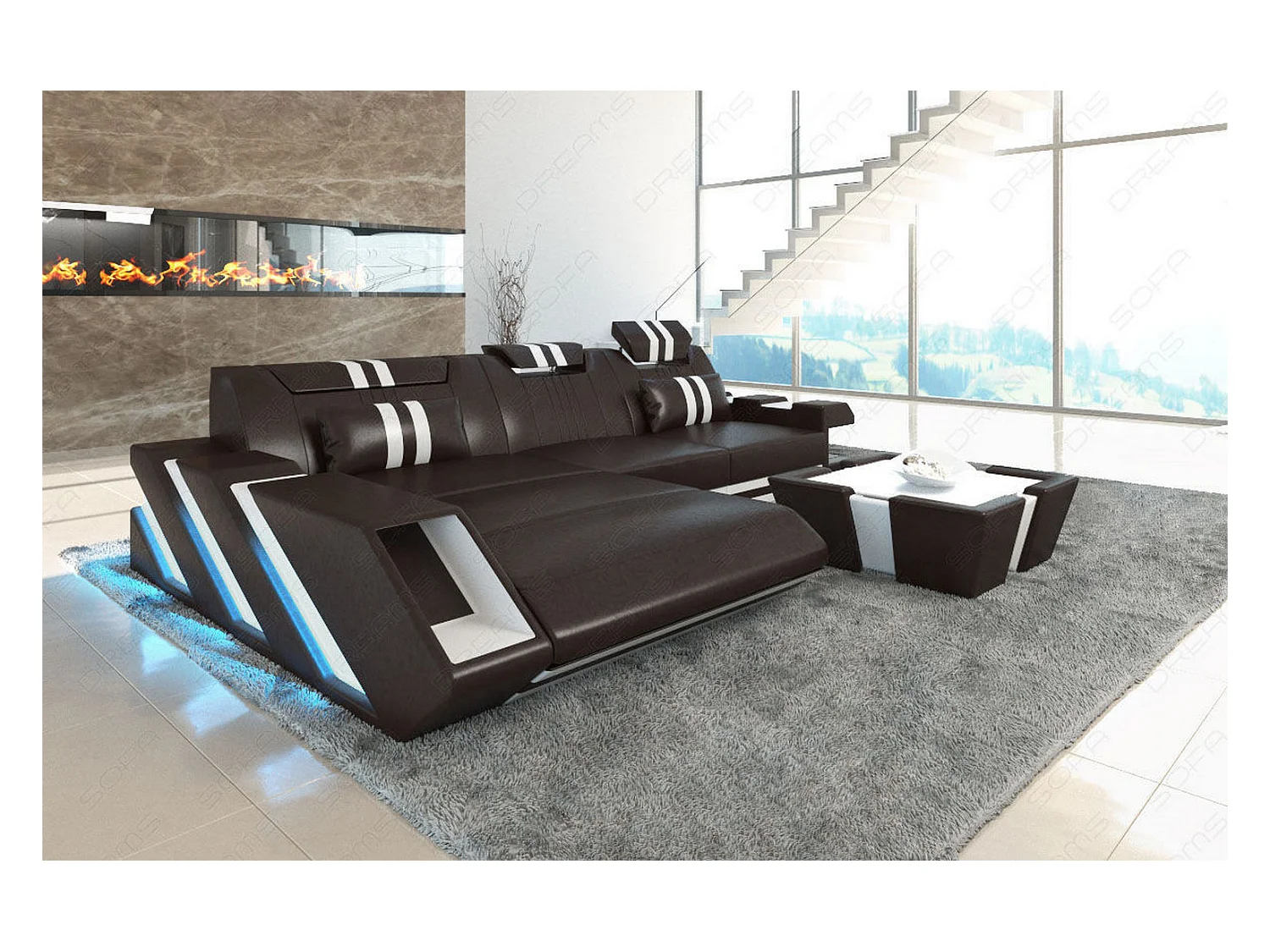 Leder Ecksofa Apollonia L Form Premium Kunstleder Dunkelbraun Weiß Links