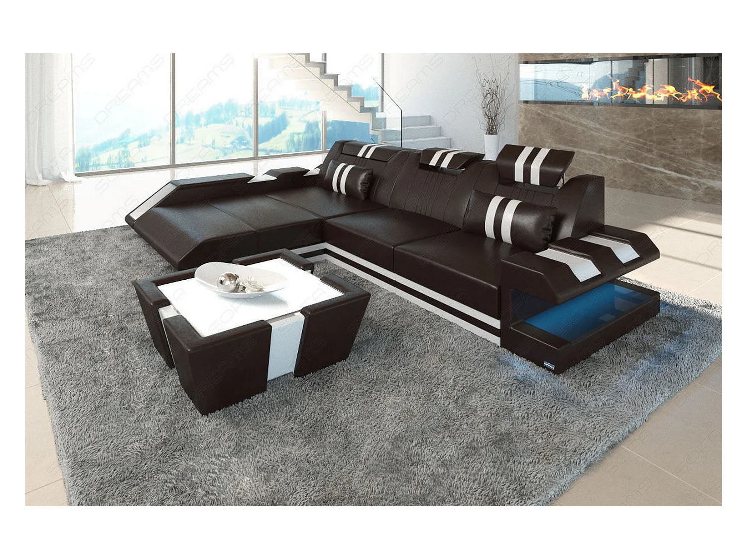Leder Ecksofa Apollonia L Form Premium Kunstleder Dunkelbraun Weiß Links