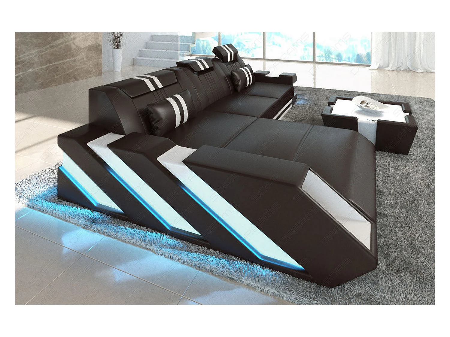 Leder Ecksofa Apollonia L Form Premium Kunstleder Dunkelbraun Weiß Links