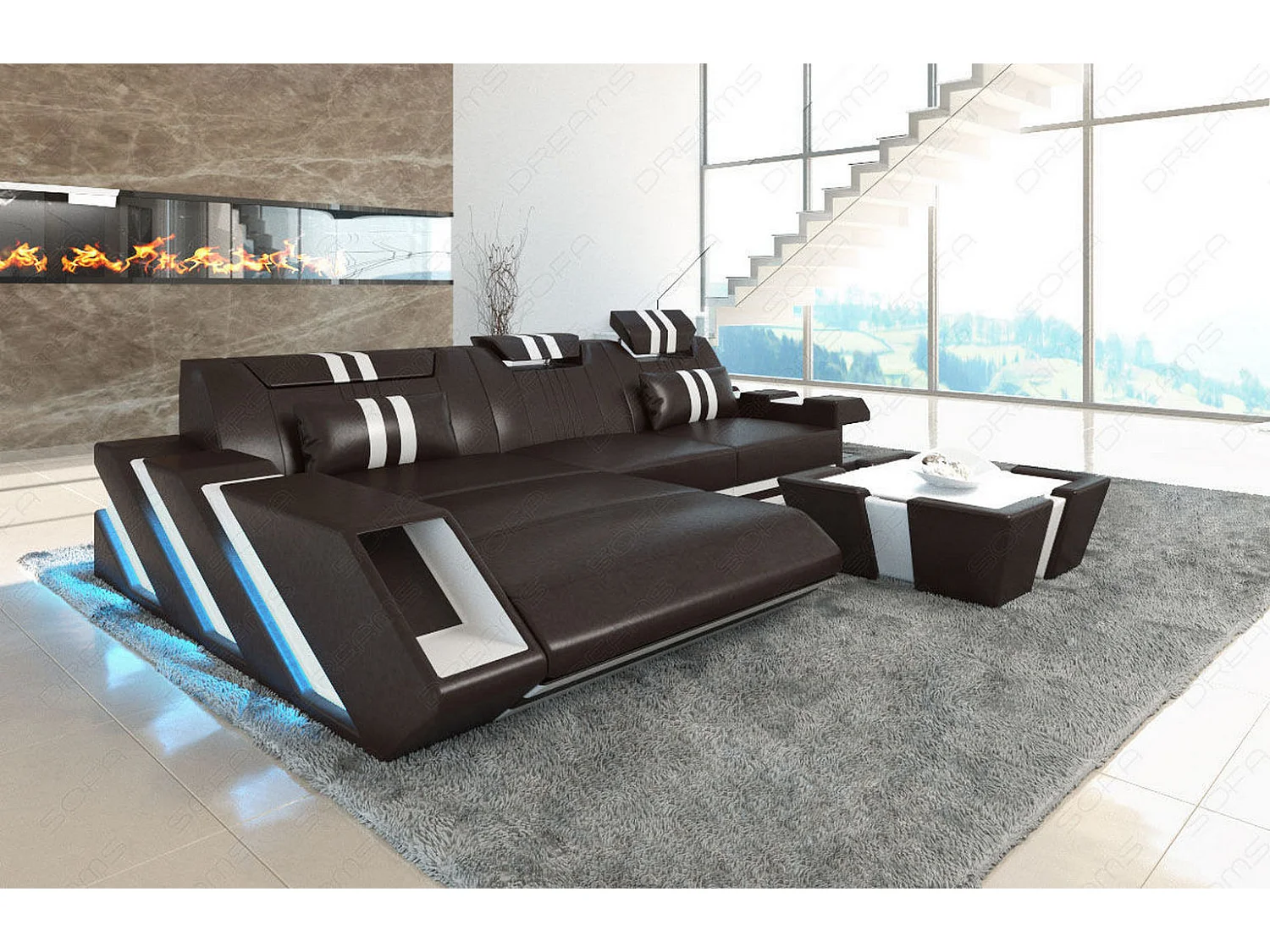 Leder Ecksofa Apollonia L Form Premium Kunstleder Dunkelbraun Weiß Links