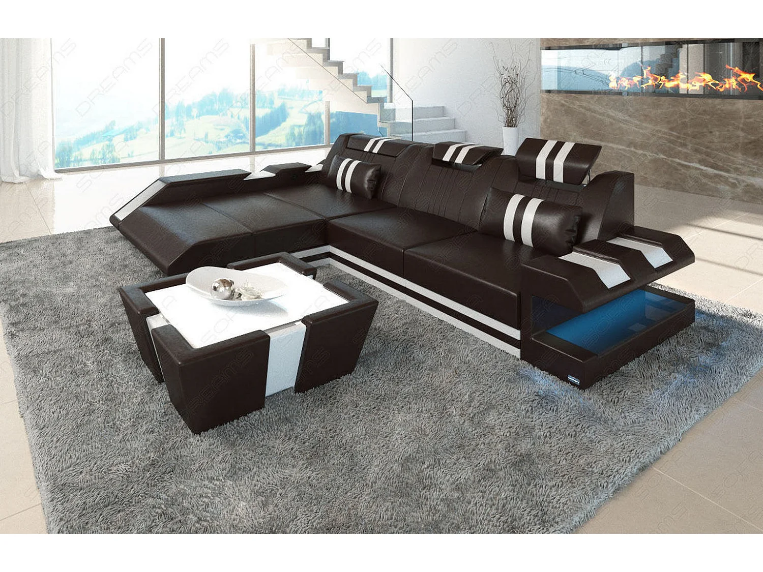 Leder Ecksofa Apollonia L Form Premium Kunstleder Dunkelbraun Weiß Links