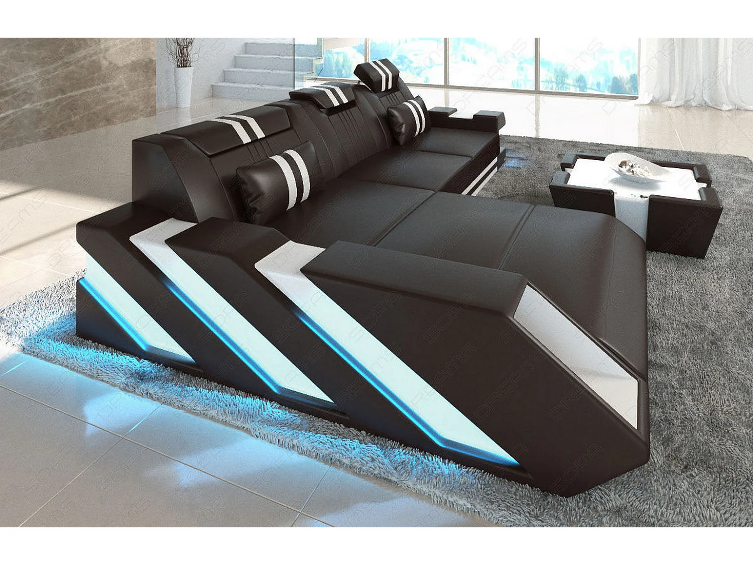 Leder Ecksofa Apollonia L Form Premium Kunstleder Dunkelbraun Weiß Links