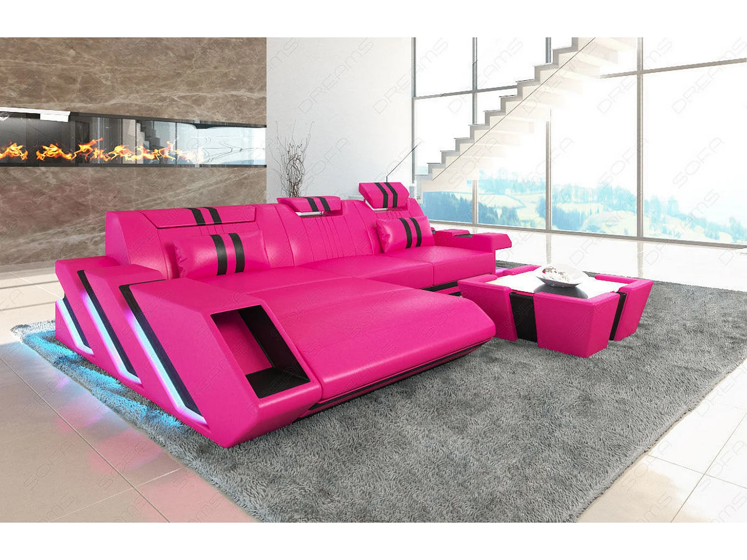 Leder Ecksofa Apollonia L Form Premium Kunstleder Pink Schwarz Links