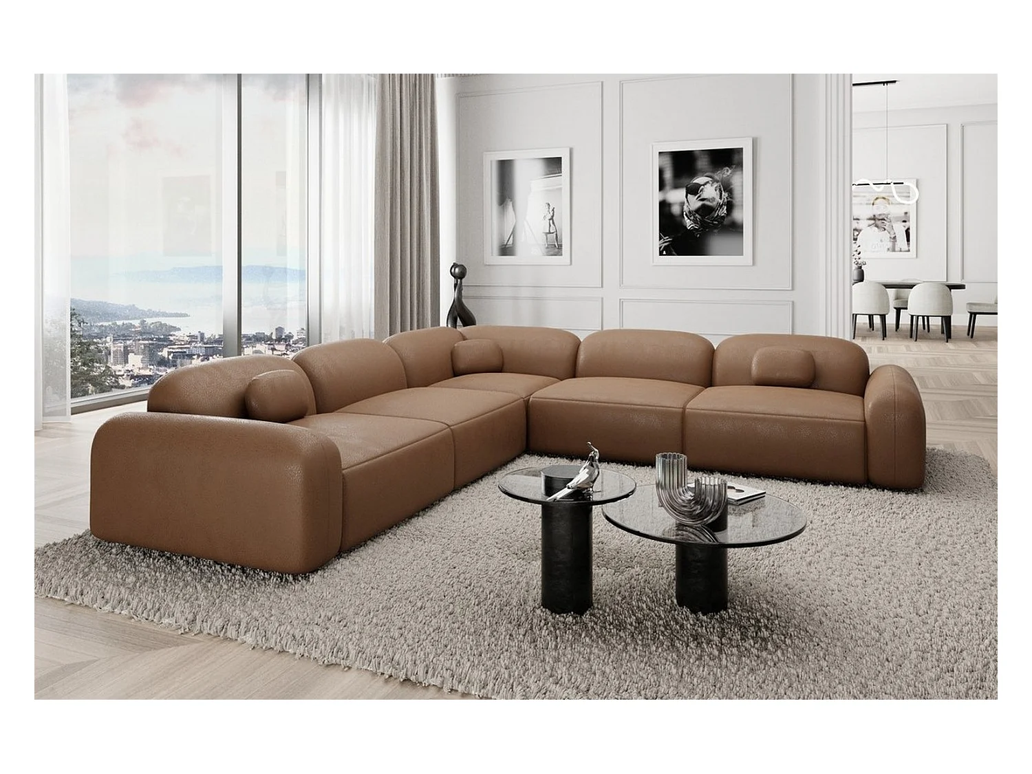 Ecksofa Barcelona mit Zierkissen Kunstleder Braun Rechts