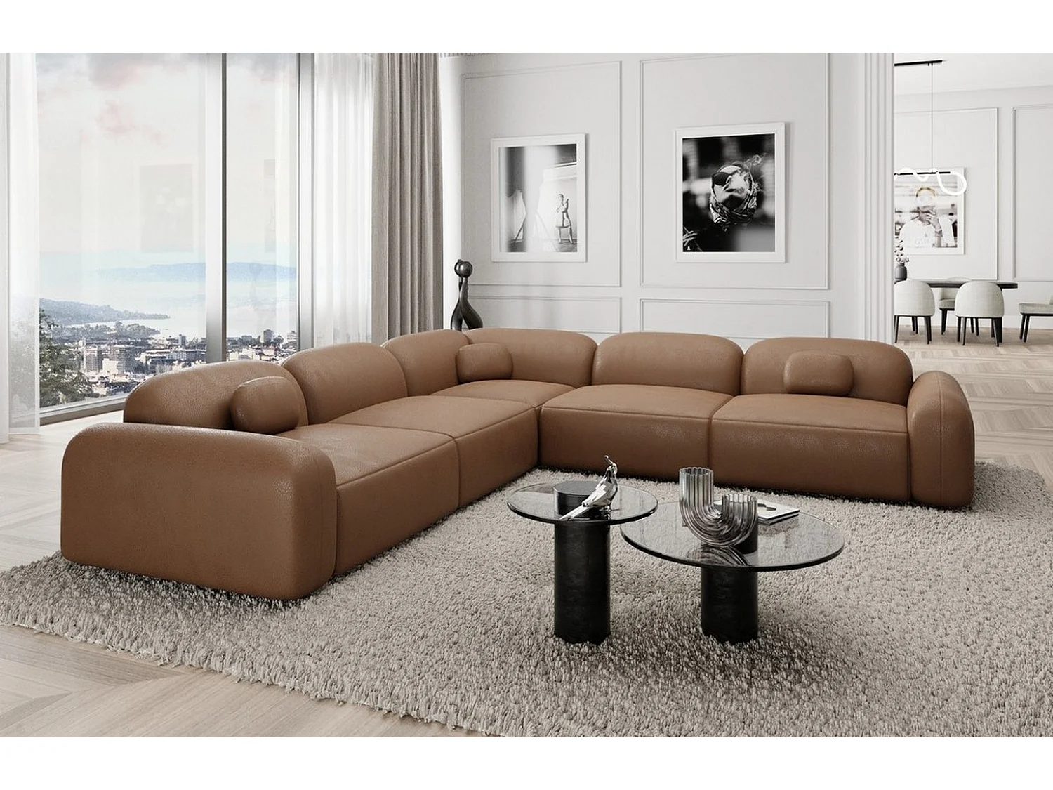Ecksofa Barcelona mit Zierkissen Kunstleder Braun Rechts