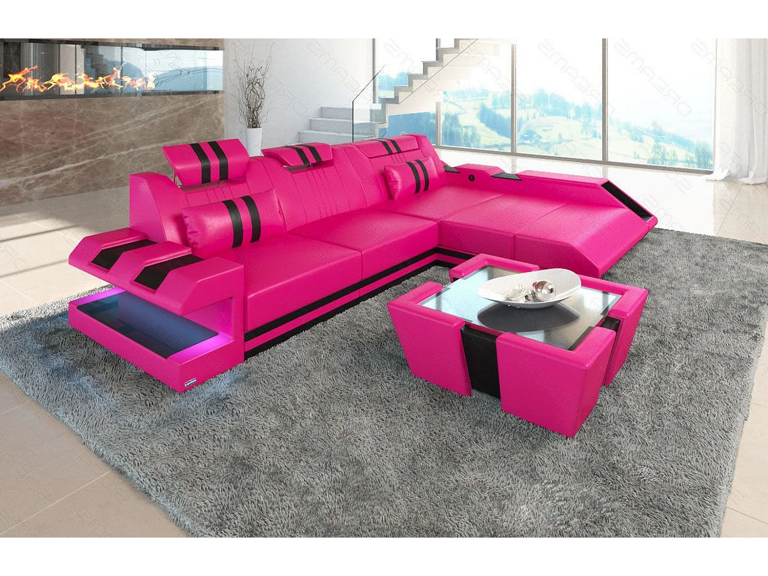 Leder Ecksofa Apollonia L Form Ledermix Echt/Kunstleder Pink Schwarz Rechts