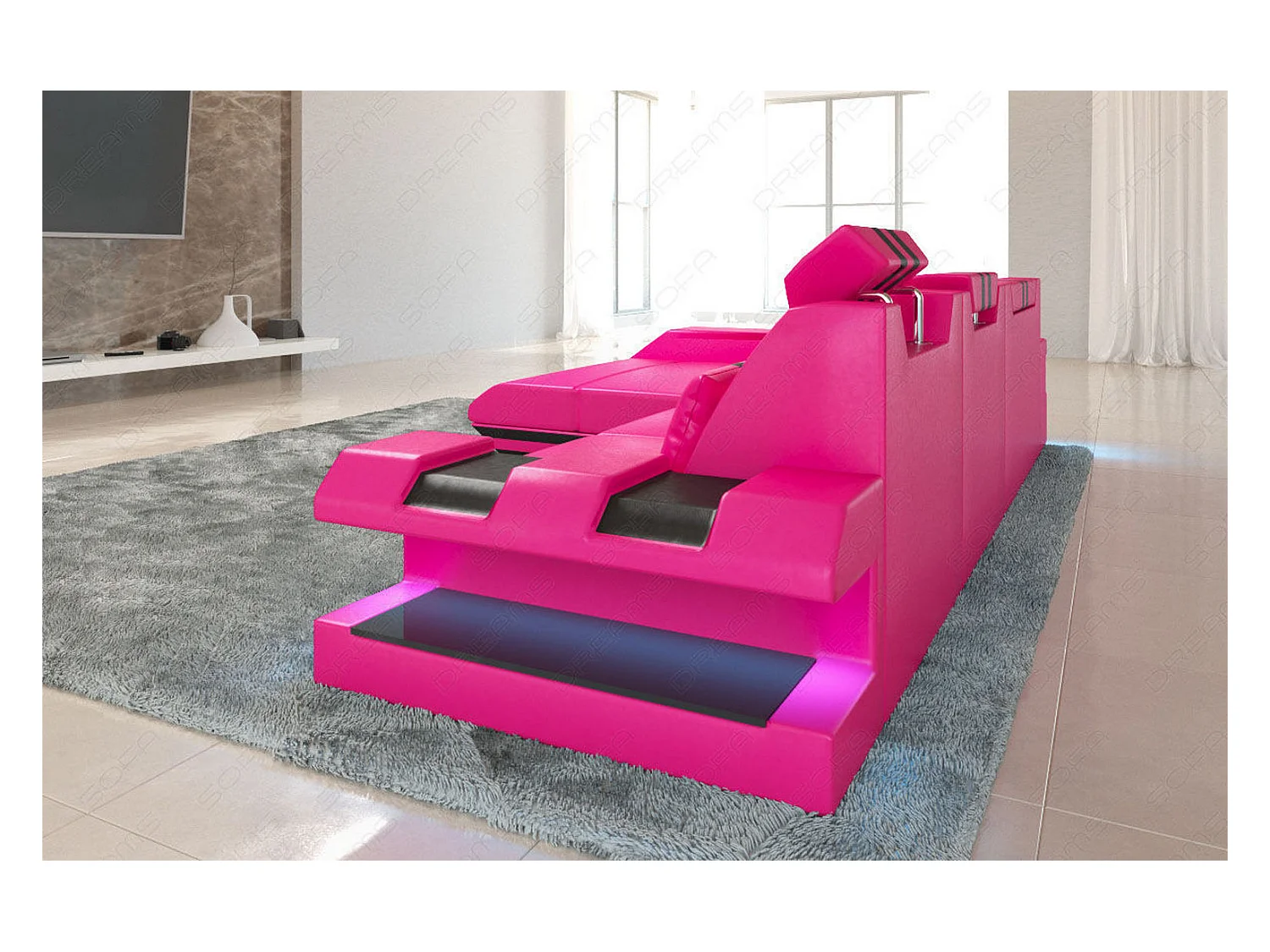 Leder Ecksofa Apollonia L Form Echtleder Pink Schwarz Links