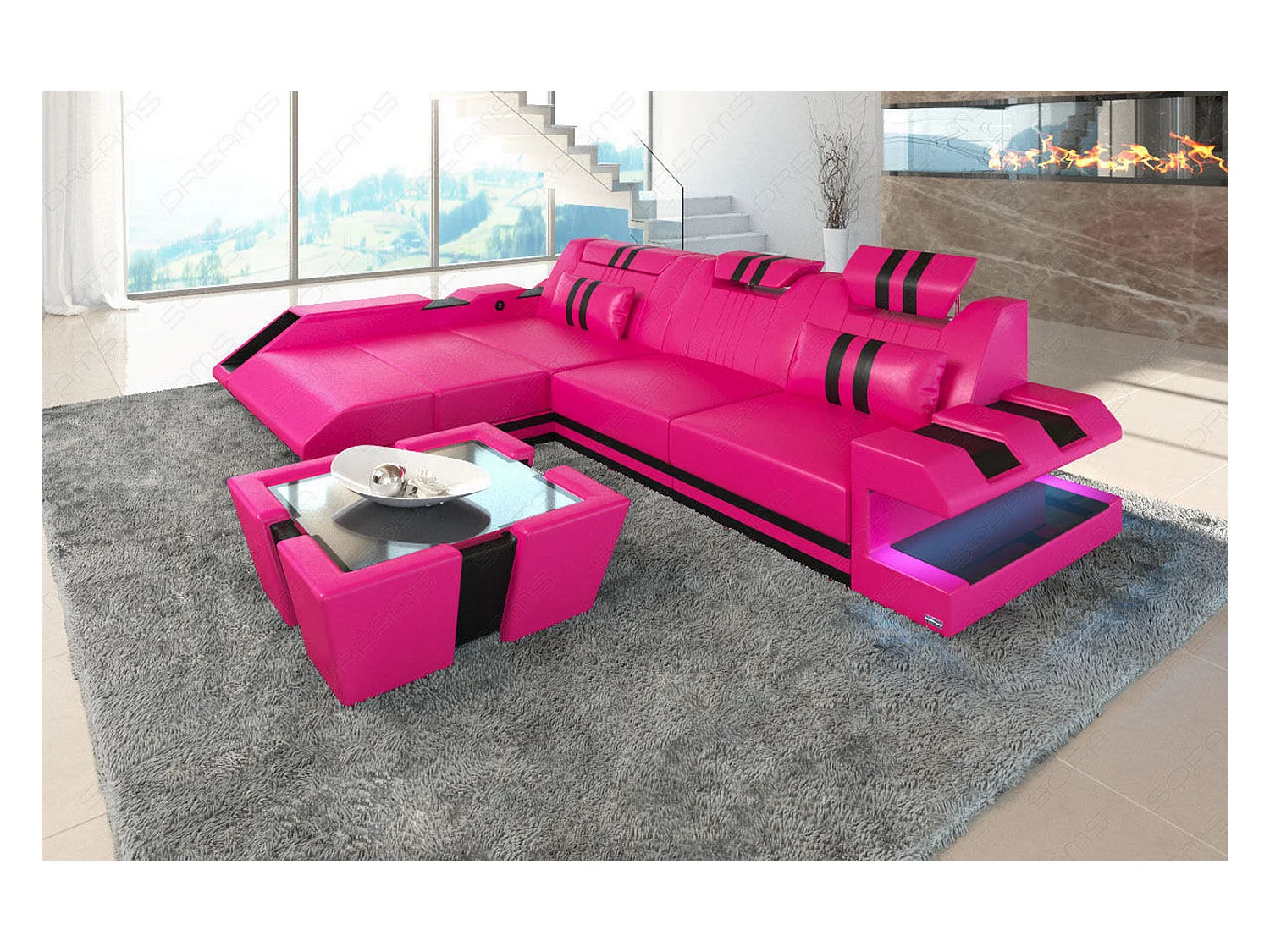 Leder Ecksofa Apollonia L Form Echtleder Pink Schwarz Links