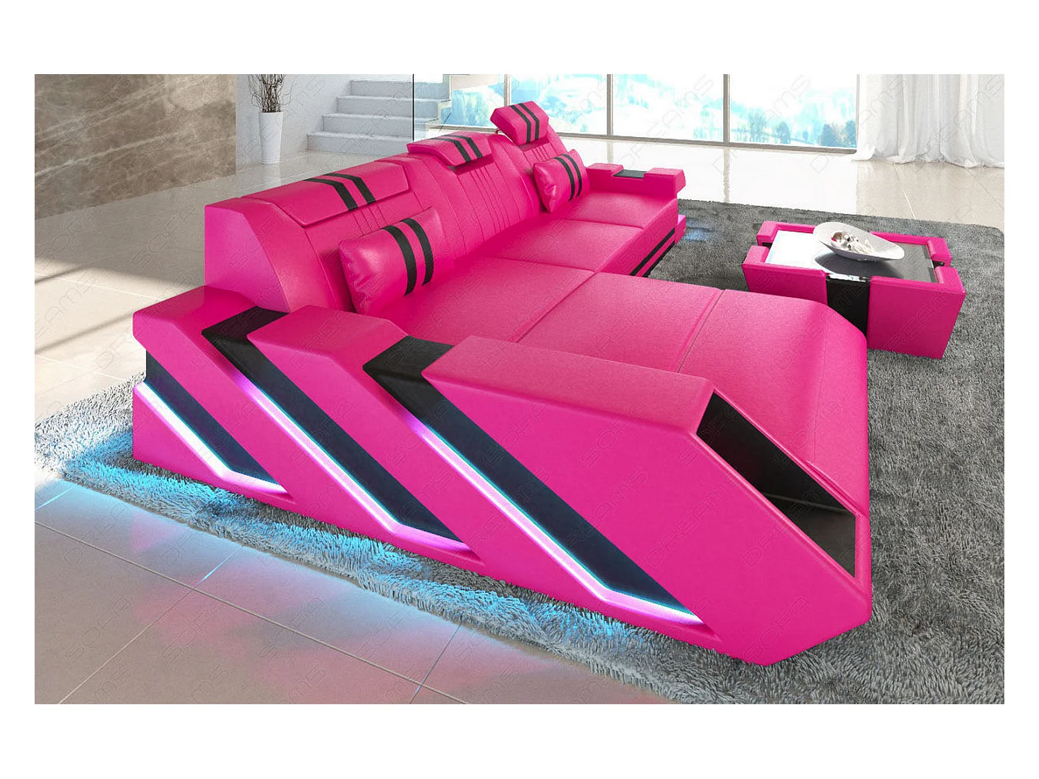 Leder Ecksofa Apollonia L Form Echtleder Pink Schwarz Links