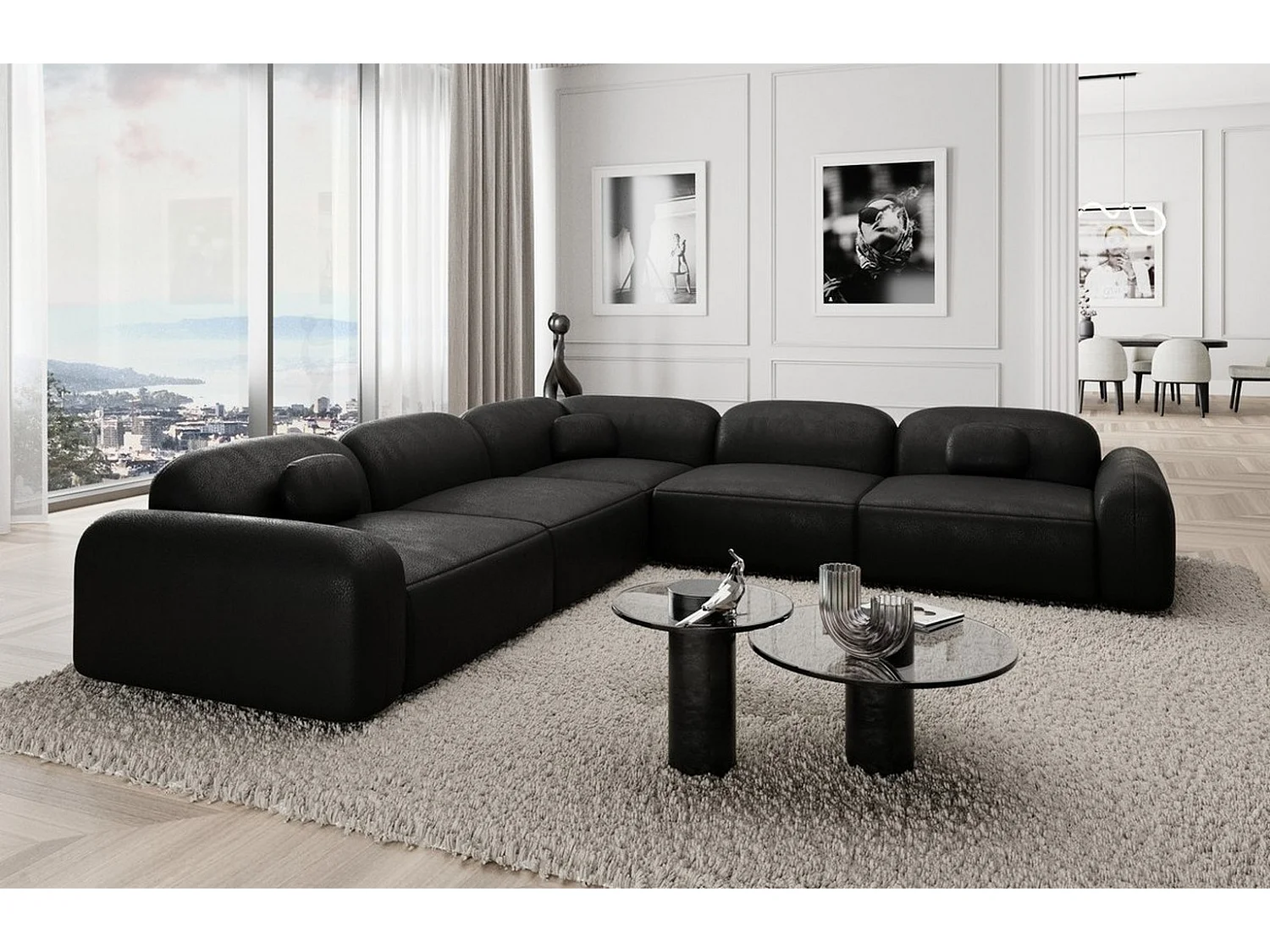 Ecksofa Barcelona mit Zierkissen Kunstleder Schwarz Rechts