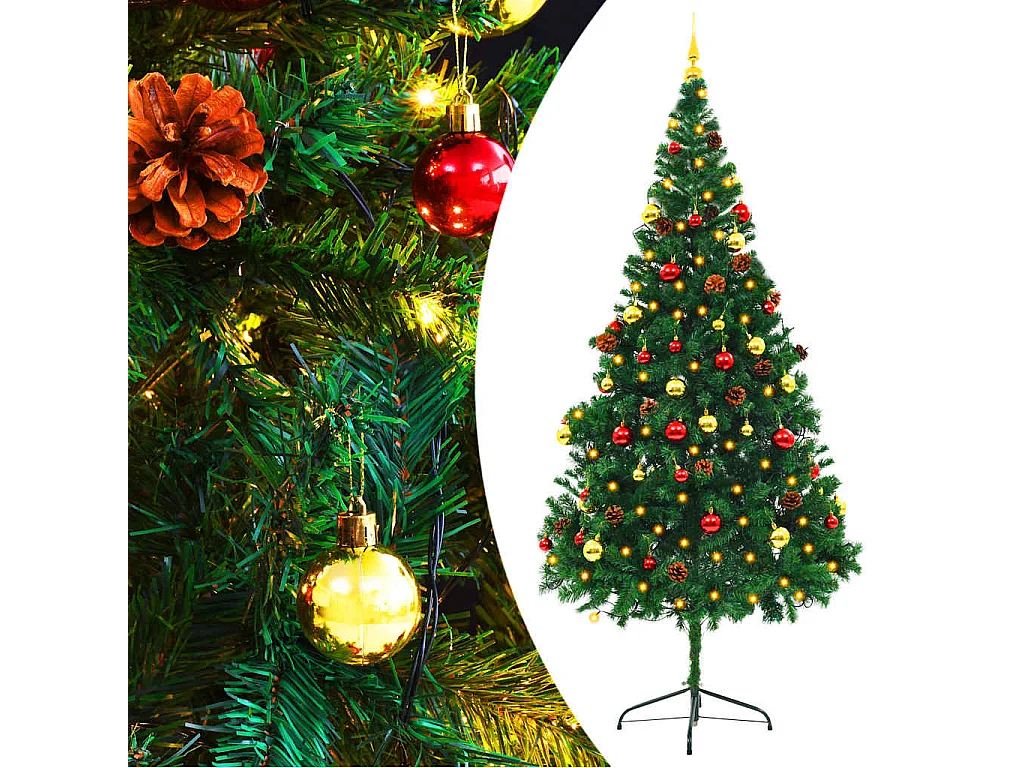 Albero di Natale Preilluminato con Palline Verde 210 cm
