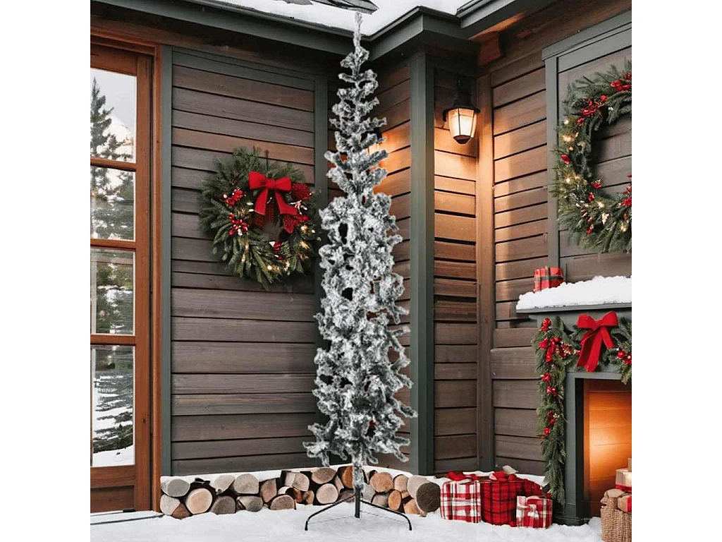 Demi sapin de Noël artificiel mince avec neige floquée 210 cm