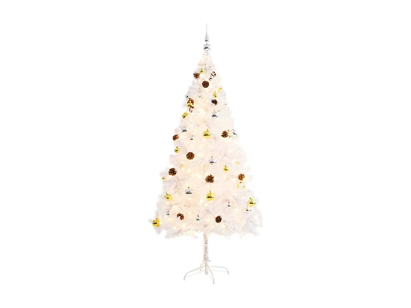 Sztuczna choinka świąteczna z preinstalowanym oświetleniem, złożona z złotych i srebrnych kulek, 180 cm