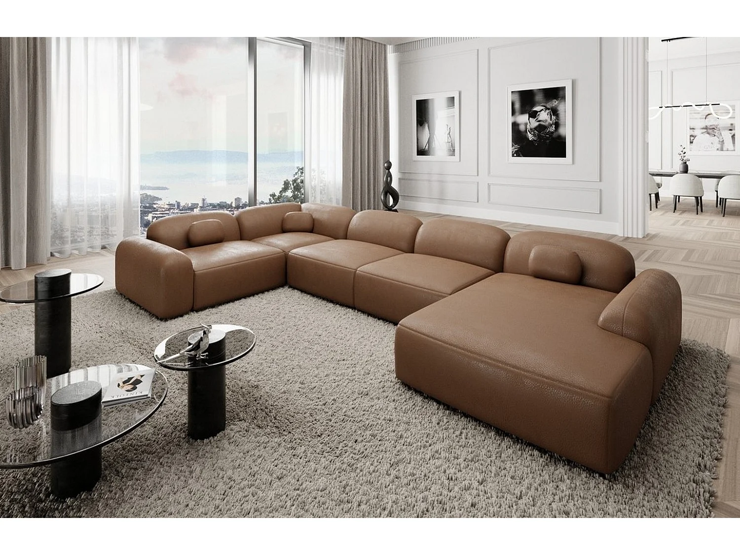 Wohnlandschaft Barcelona mit Zierkissen Kunstleder Braun Rechts