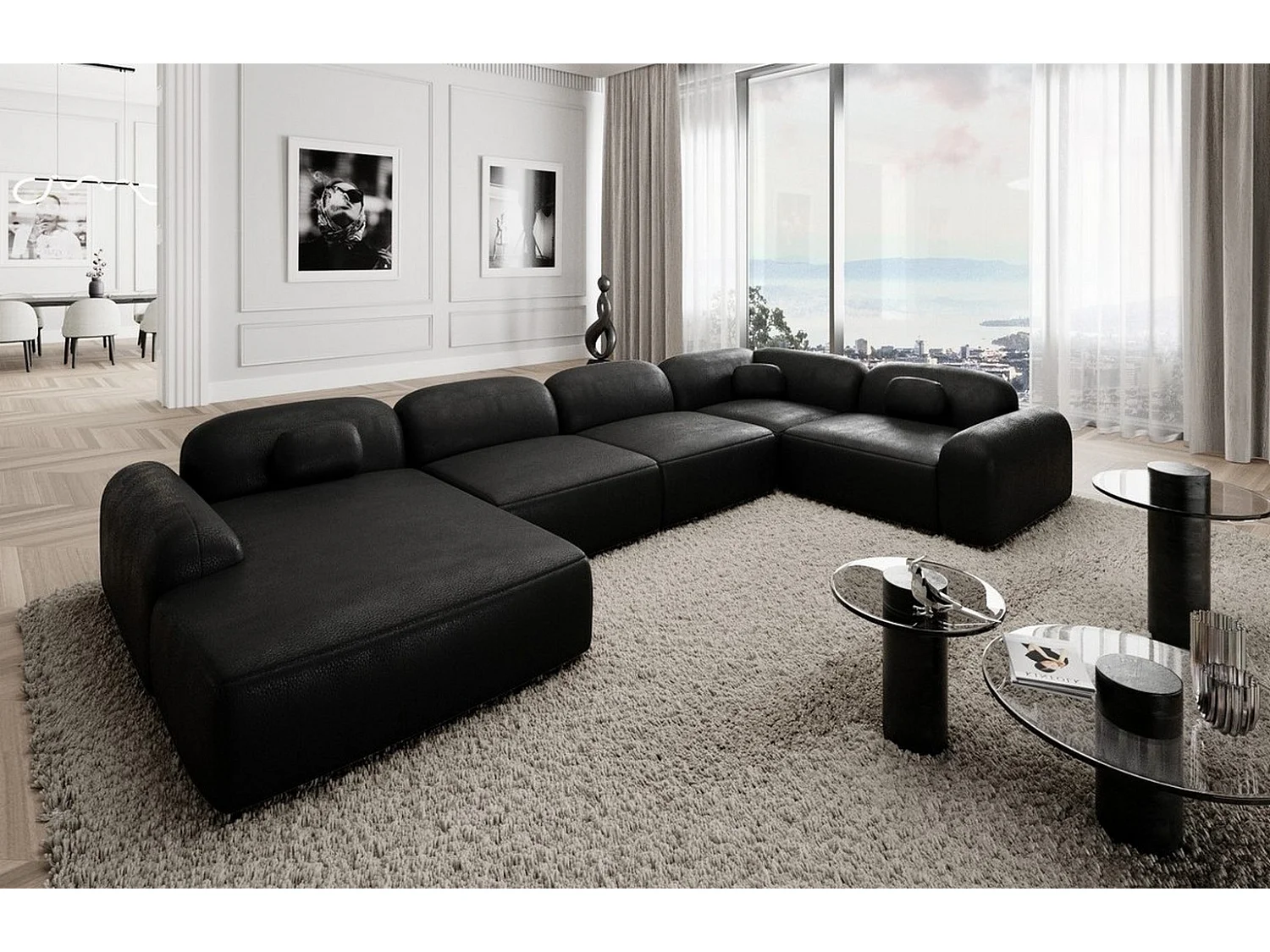 Wohnlandschaft Barcelona mit Zierkissen Kunstleder Schwarz Links