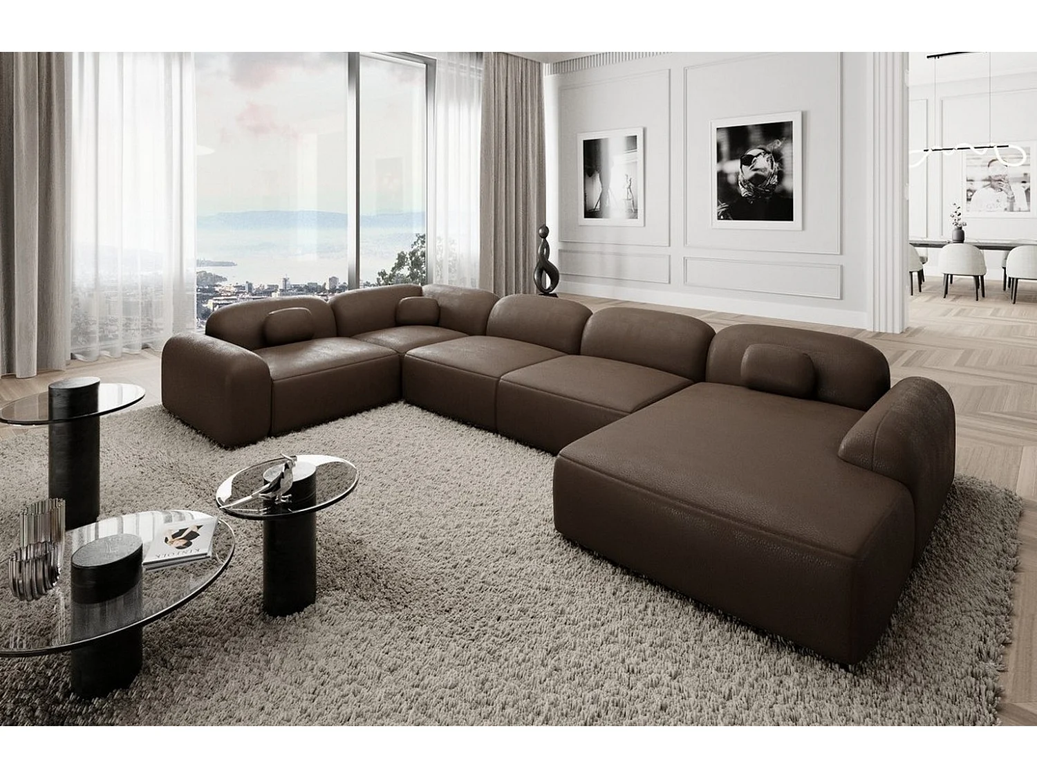 Wohnlandschaft Barcelona mit Zierkissen Kunstleder Dunkelbraun Rechts